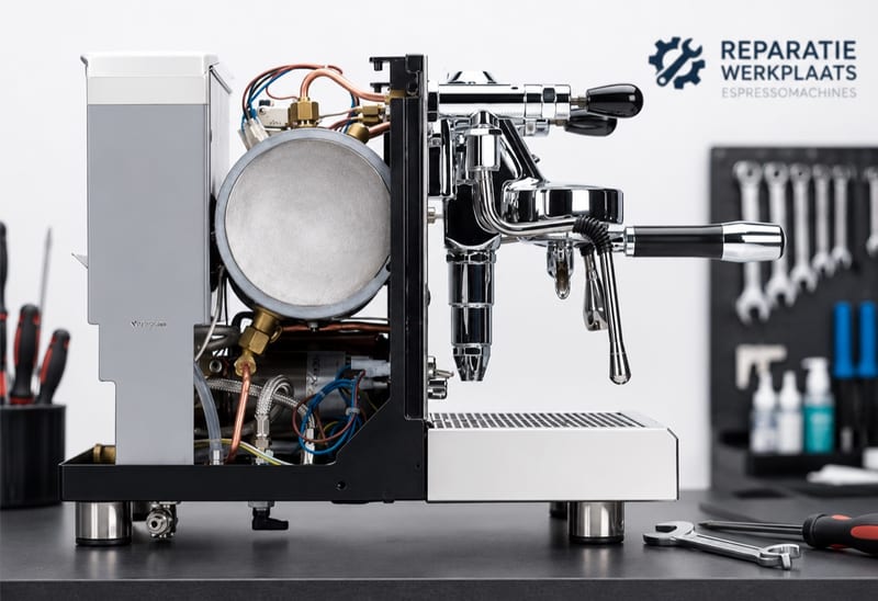 Espressomachine open op de werkbank tijdens reparatie in onze werkplaats
